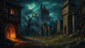 GRID THUMBNAIL — A moonlit gothic castle rises beyond misty ruins and leafless trees, above a winding cobbled path and torchlit arched doorways glowing warm orange.