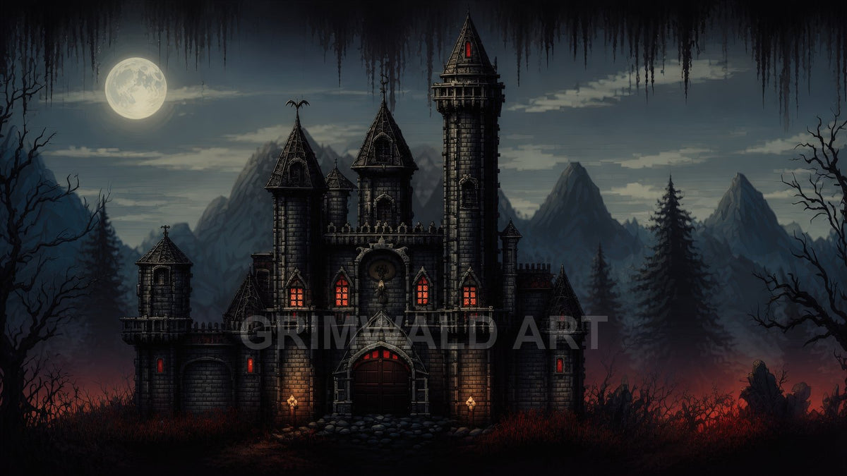 Gothic stone castle with red-lit windows under a full moon, flanked by dark pines and mountains, night mist and dead trees.