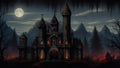 GRID THUMBNAIL — Gothic stone castle with red-lit windows under a full moon, flanked by dark pines and mountains, night mist and dead trees.