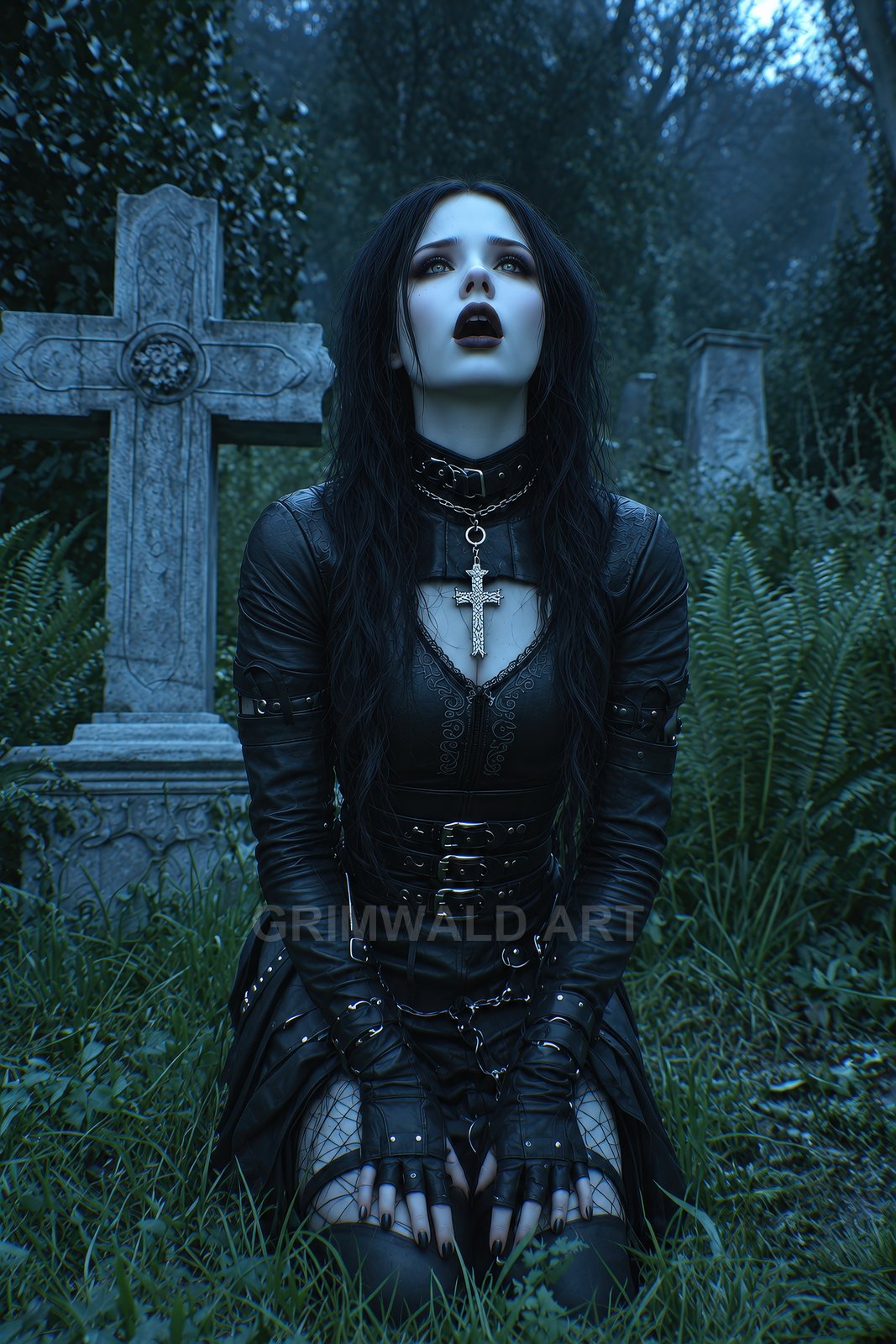 Gothic woman in black leather kneels in a moonlit graveyard before a stone cross, wearing chains, gloves, and silver cross necklaces.