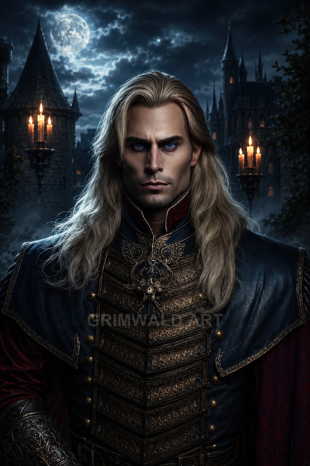 Portrait of a long-haired man in ornate blue and gold armour before a moonlit gothic castle, candlelight flickering, piercing blue eyes, solemn expression.