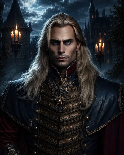 GRID THUMBNAIL — Portrait of a long-haired man in ornate blue and gold armour before a moonlit gothic castle, candlelight flickering, piercing blue eyes, solemn expression.