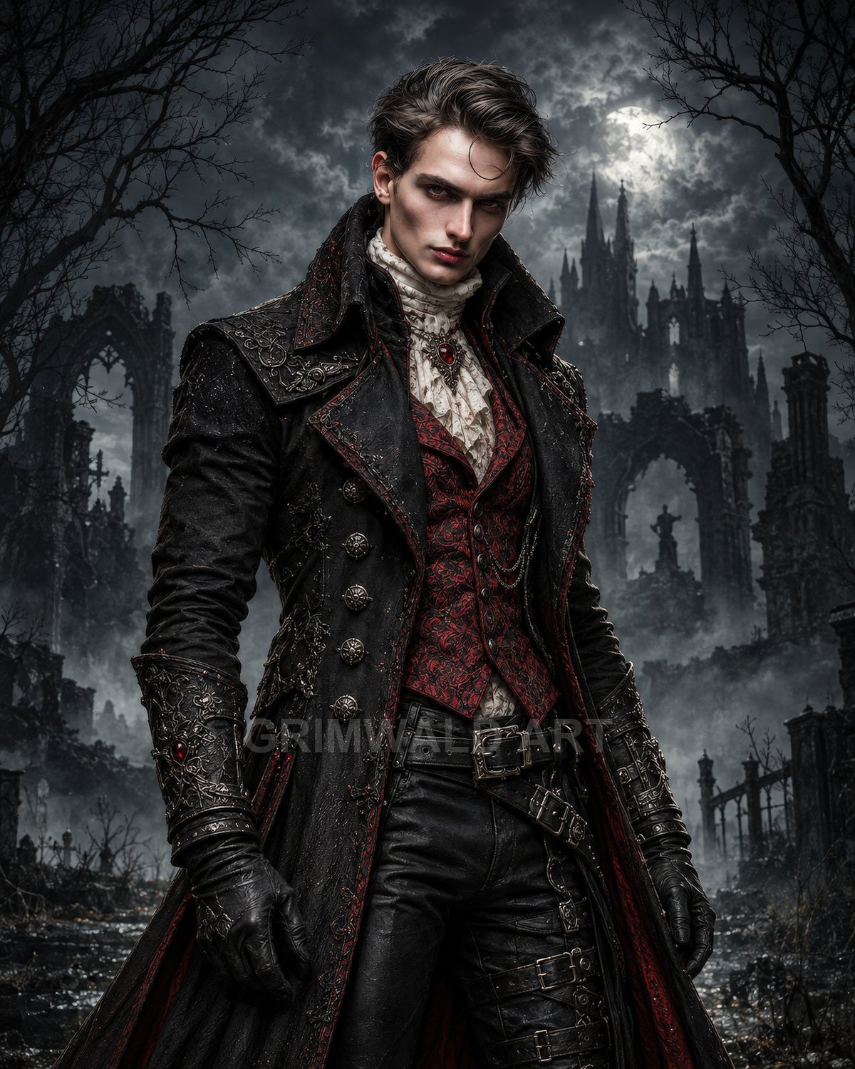 Brooding male noble in ornate black and red coat stands before a moonlit ruined cathedral, leather gloves and cravat, gothic atmosphere and mist.