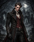 GRID THUMBNAIL — Brooding male noble in ornate black and red coat stands before a moonlit ruined cathedral, leather gloves and cravat, gothic atmosphere and mist.