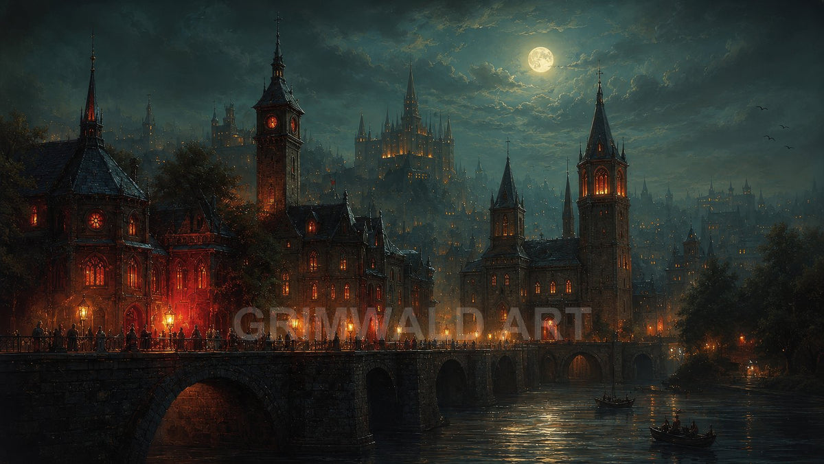 Gothic medieval city at night with glowing windows, a stone bridge over a river, boats below, and a bright full moon amid clouds.