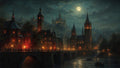GRID THUMBNAIL — Gothic medieval city at night with glowing windows, a stone bridge over a river, boats below, and a bright full moon amid clouds.