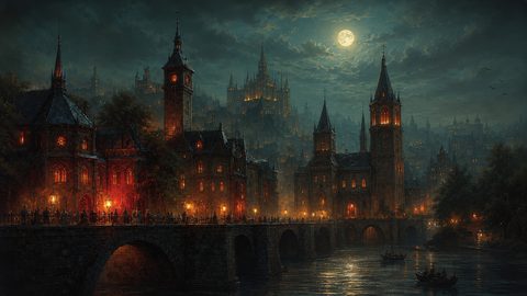 GRID THUMBNAIL — Gothic medieval city at night with glowing windows, a stone bridge over a river, boats below, and a bright full moon amid clouds.