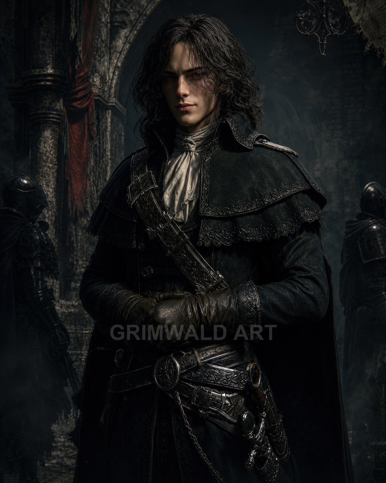 An androgynous rogue in black leather stands in a shadowed cathedral, moonlight highlighting a sword and dagger, with armoured guards lurking behind.