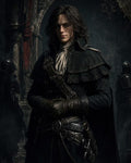 GRID THUMBNAIL — An androgynous rogue in black leather stands in a shadowed cathedral, moonlight highlighting a sword and dagger, with armoured guards lurking behind.