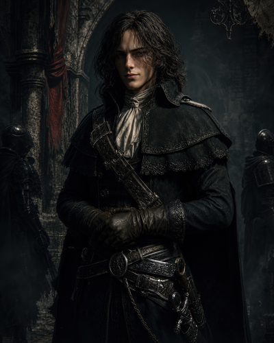 GRID THUMBNAIL — An androgynous rogue in black leather stands in a shadowed cathedral, moonlight highlighting a sword and dagger, with armoured guards lurking behind.