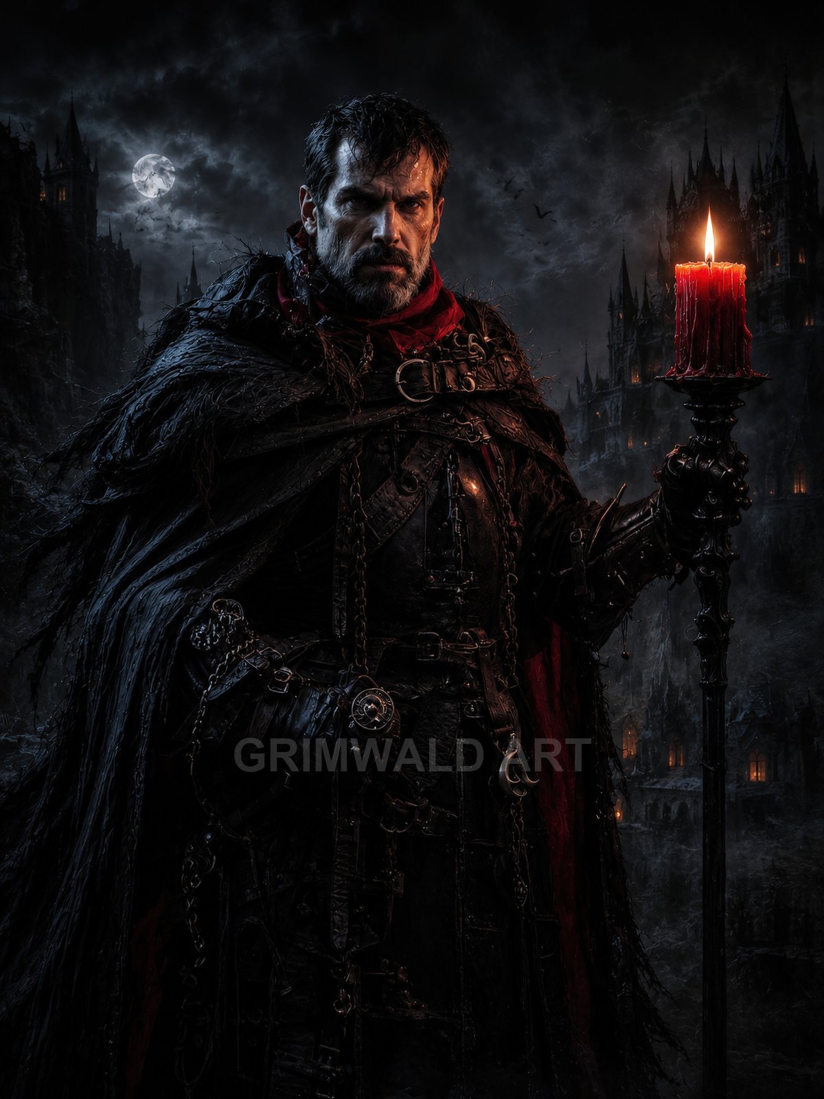 Armoured bearded man in dark cloak holds a burning red candle before a moonlit gothic castle, chains and leather gear glinting in night.