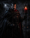 GRID THUMBNAIL — Armoured bearded man in dark cloak holds a burning red candle before a moonlit gothic castle, chains and leather gear glinting in night.