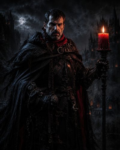 GRID THUMBNAIL — Armoured bearded man in dark cloak holds a burning red candle before a moonlit gothic castle, chains and leather gear glinting in night.