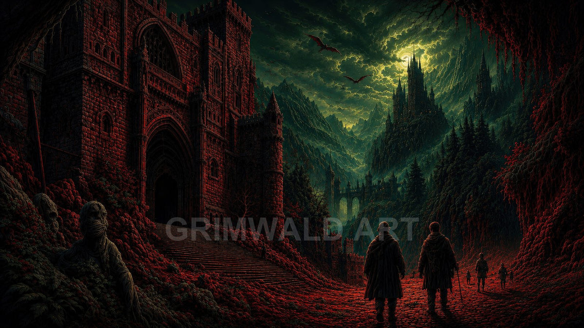 Gothic castle dominates a dark fantasy valley, moonlit green clouds above, red stone path below, distant spires and flying dragons in the sky.