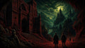 GRID THUMBNAIL — Gothic castle dominates a dark fantasy valley, moonlit green clouds above, red stone path below, distant spires and flying dragons in the sky.