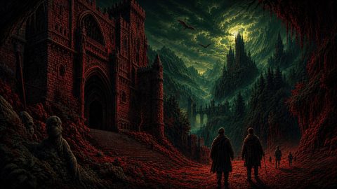 GRID THUMBNAIL — Gothic castle dominates a dark fantasy valley, moonlit green clouds above, red stone path below, distant spires and flying dragons in the sky.