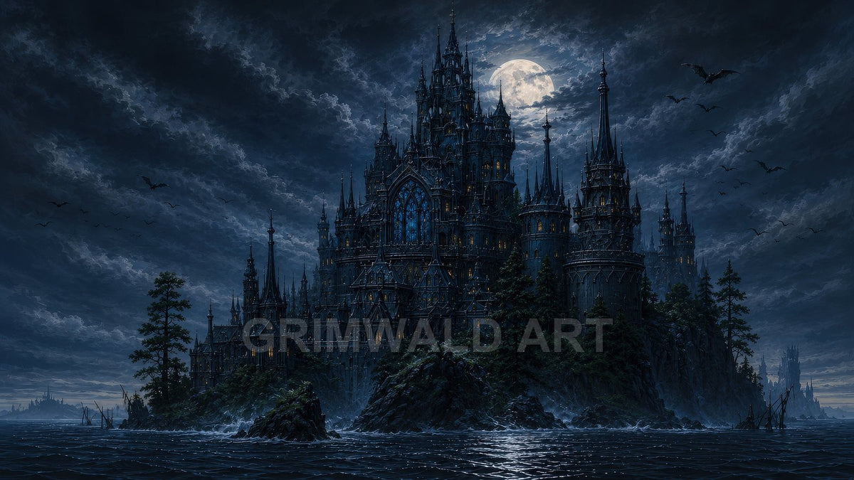 Gothic castle towers rise on a rocky island beneath a full moon, waves crashing, pine trees and flying bats under brooding storm clouds.