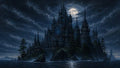 GRID THUMBNAIL — Gothic castle towers rise on a rocky island beneath a full moon, waves crashing, pine trees and flying bats under brooding storm clouds.
