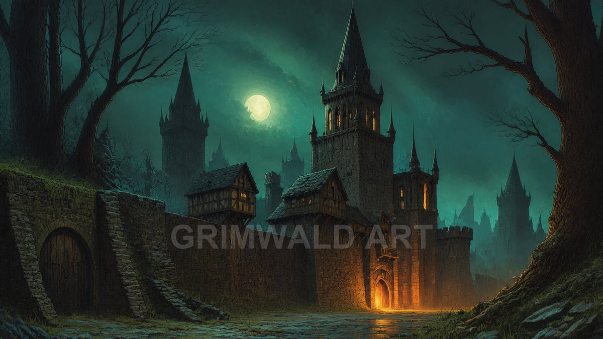 Moonlit medieval castle with glowing gate and tall spires, looming walls, bare trees and cobbled path beneath a teal night sky.