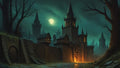 GRID THUMBNAIL — Moonlit medieval castle with glowing gate and tall spires, looming walls, bare trees and cobbled path beneath a teal night sky.
