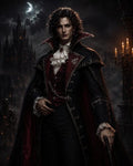 GRID THUMBNAIL — Elegant male vampire in black and red finery stands by candles beneath a crescent moon, gothic castle rising in smoky night.