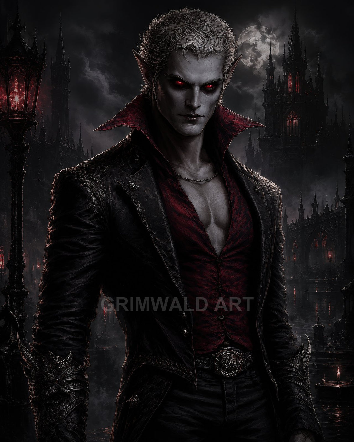 Pale male vampire with red eyes and pointed ears stands in ornate black attire before a moonlit gothic cathedral and crimson-lit city.