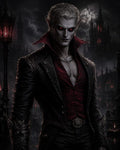 GRID THUMBNAIL — Pale male vampire with red eyes and pointed ears stands in ornate black attire before a moonlit gothic cathedral and crimson-lit city.
