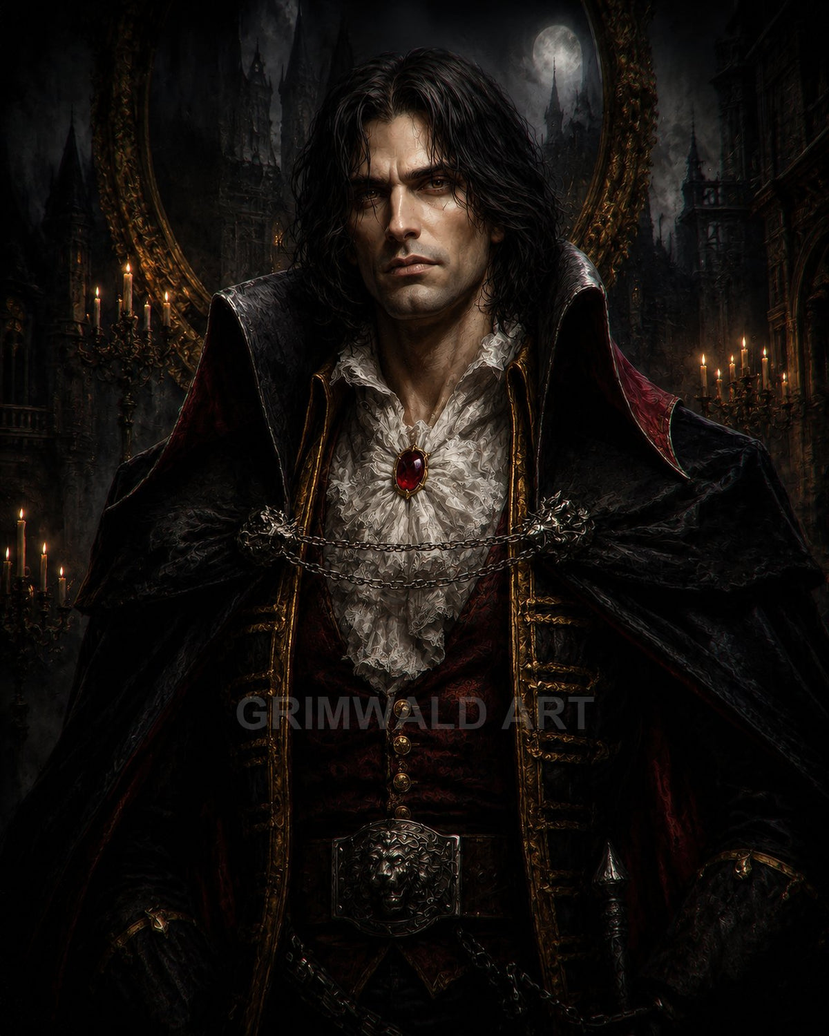 Dark-haired aristocrat in red-and-black finery and cloak stands amid candlelit gothic architecture, a red gem at his collar, moon glowing behind.