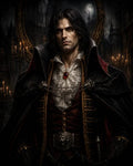 GRID THUMBNAIL — Dark-haired aristocrat in red-and-black finery and cloak stands amid candlelit gothic architecture, a red gem at his collar, moon glowing behind.