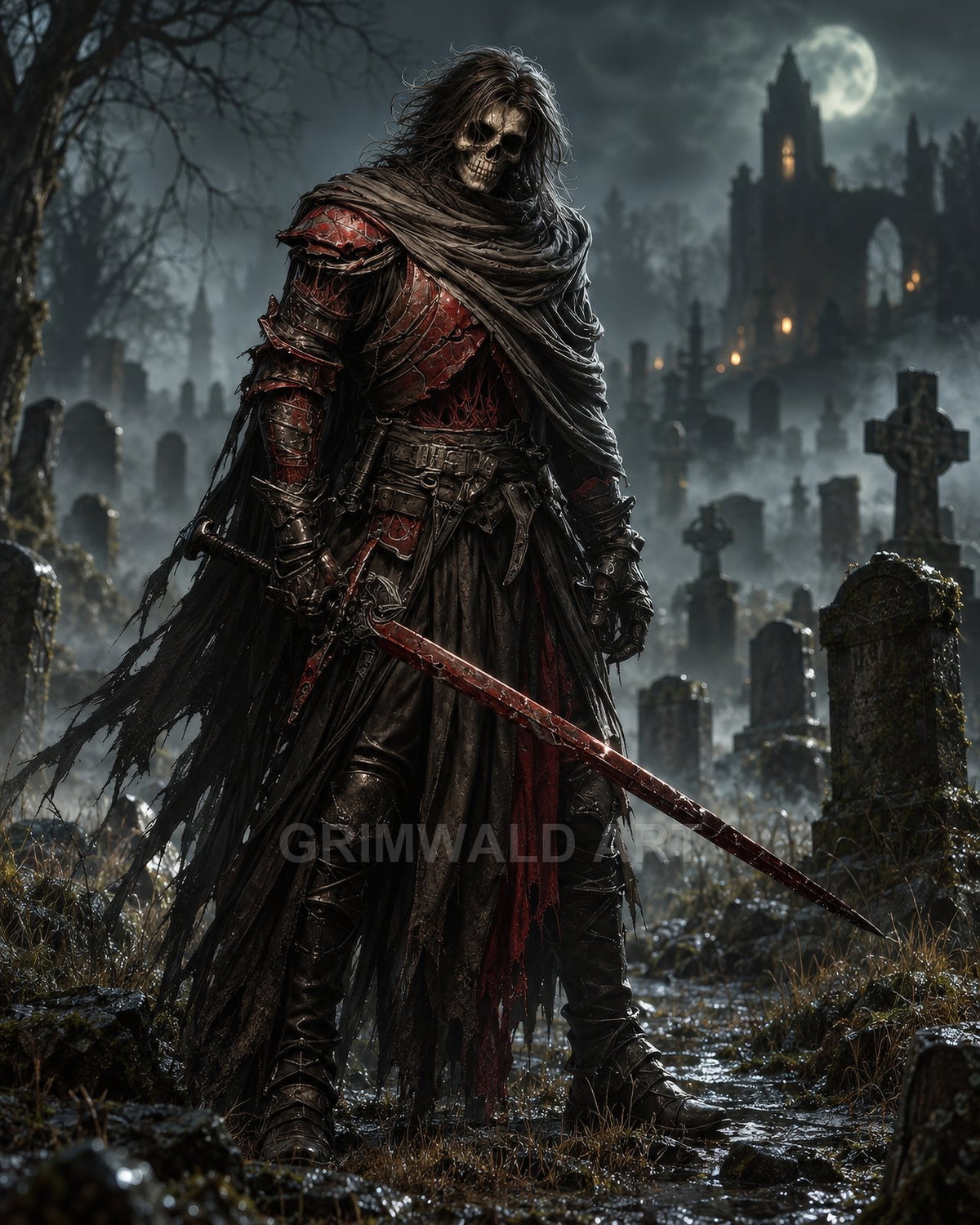 An armoured skeletal death knight with a tattered cloak grips a bloodied sword in a moonlit graveyard, mist swirling, ruined cathedral rising behind.