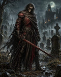 GRID THUMBNAIL — An armoured skeletal death knight with a tattered cloak grips a bloodied sword in a moonlit graveyard, mist swirling, ruined cathedral rising behind.