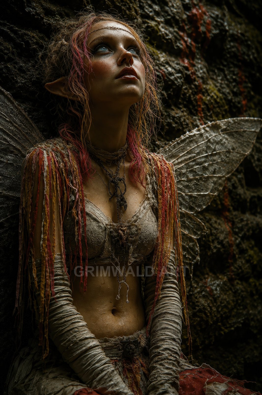A fae woman with pointed ears and translucent wings sits against a damp cave wall, gazing upward in moody moonlight.