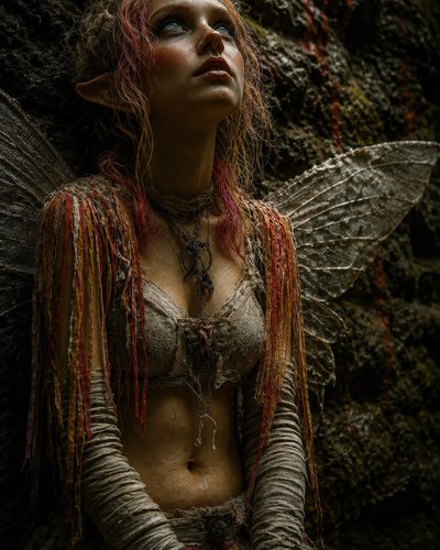 GRID THUMBNAIL — A fae woman with pointed ears and translucent wings sits against a damp cave wall, gazing upward in moody moonlight.