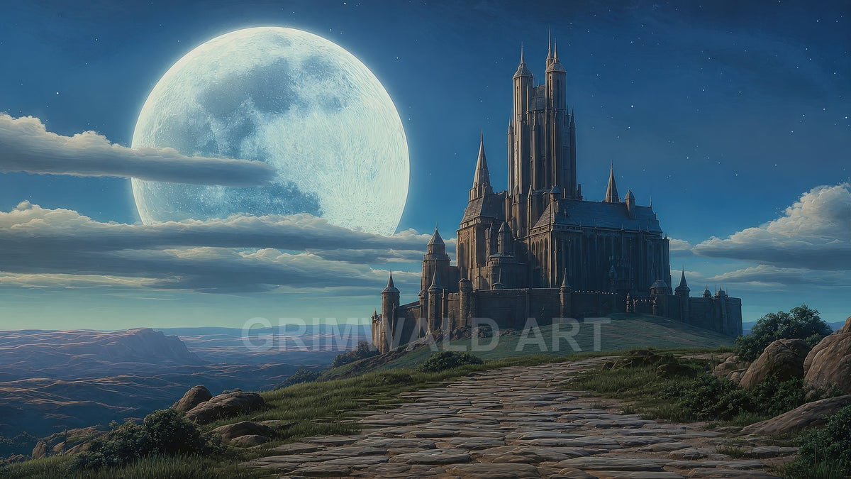 A towering stone castle crowns a grassy hill beneath an enormous full moon, with a cobbled path and distant valley under a clear night sky.