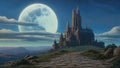 GRID THUMBNAIL — A towering stone castle crowns a grassy hill beneath an enormous full moon, with a cobbled path and distant valley under a clear night sky.