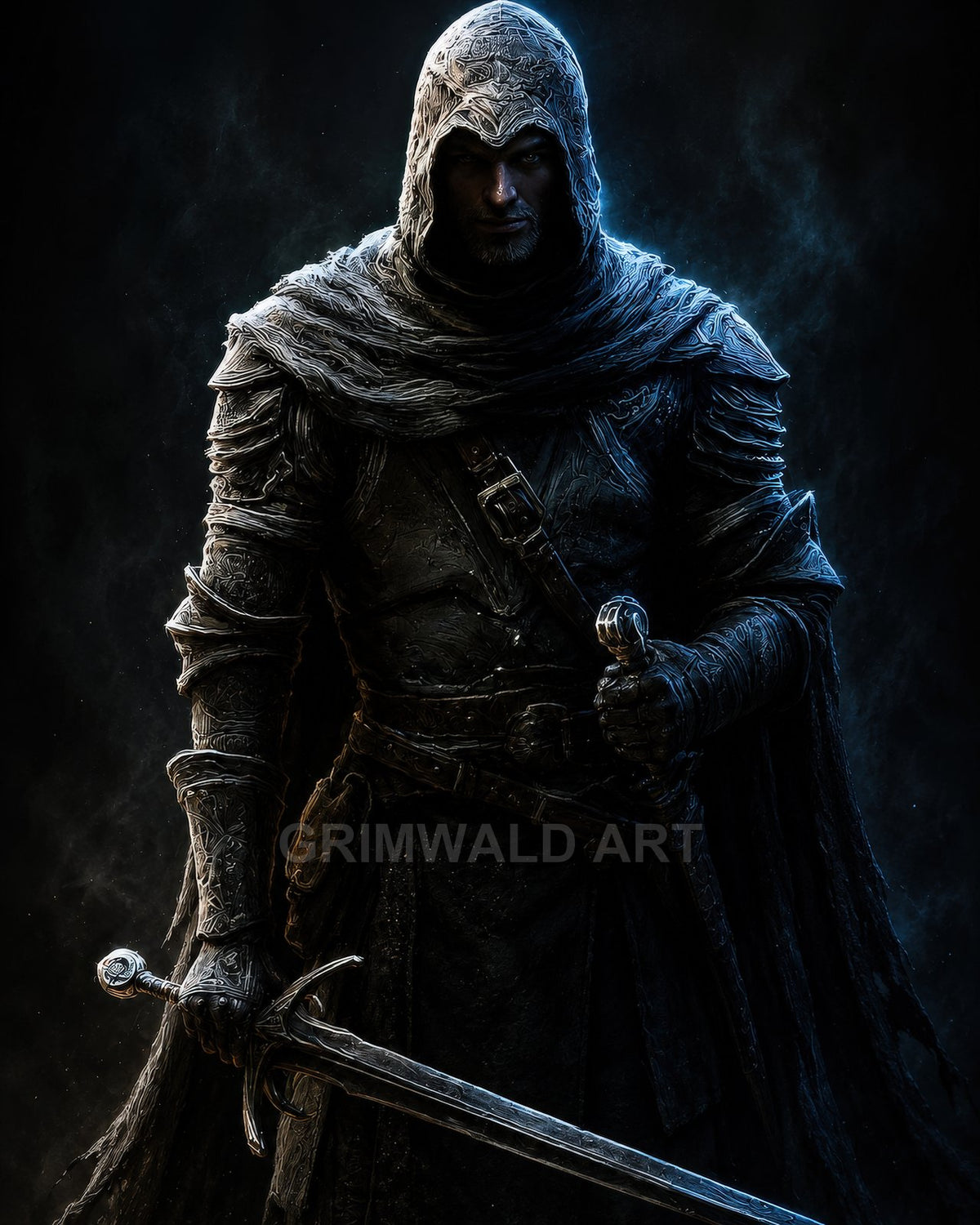 Hooded male assassin in ornate dark armour holds a longsword and dagger, rim-lit in blue against a smoky black background.