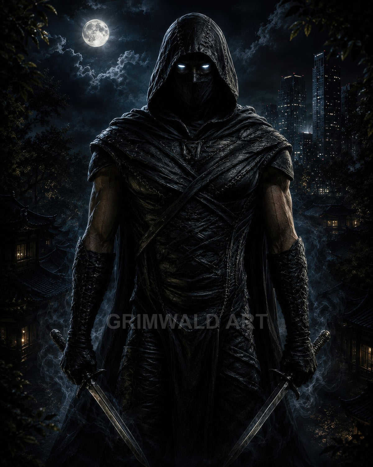 Hooded, masked assassin with glowing blue eyes holds twin daggers at night, framed by a full moon, temples, and distant skyscrapers.