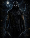 GRID THUMBNAIL — Hooded, masked assassin with glowing blue eyes holds twin daggers at night, framed by a full moon, temples, and distant skyscrapers.