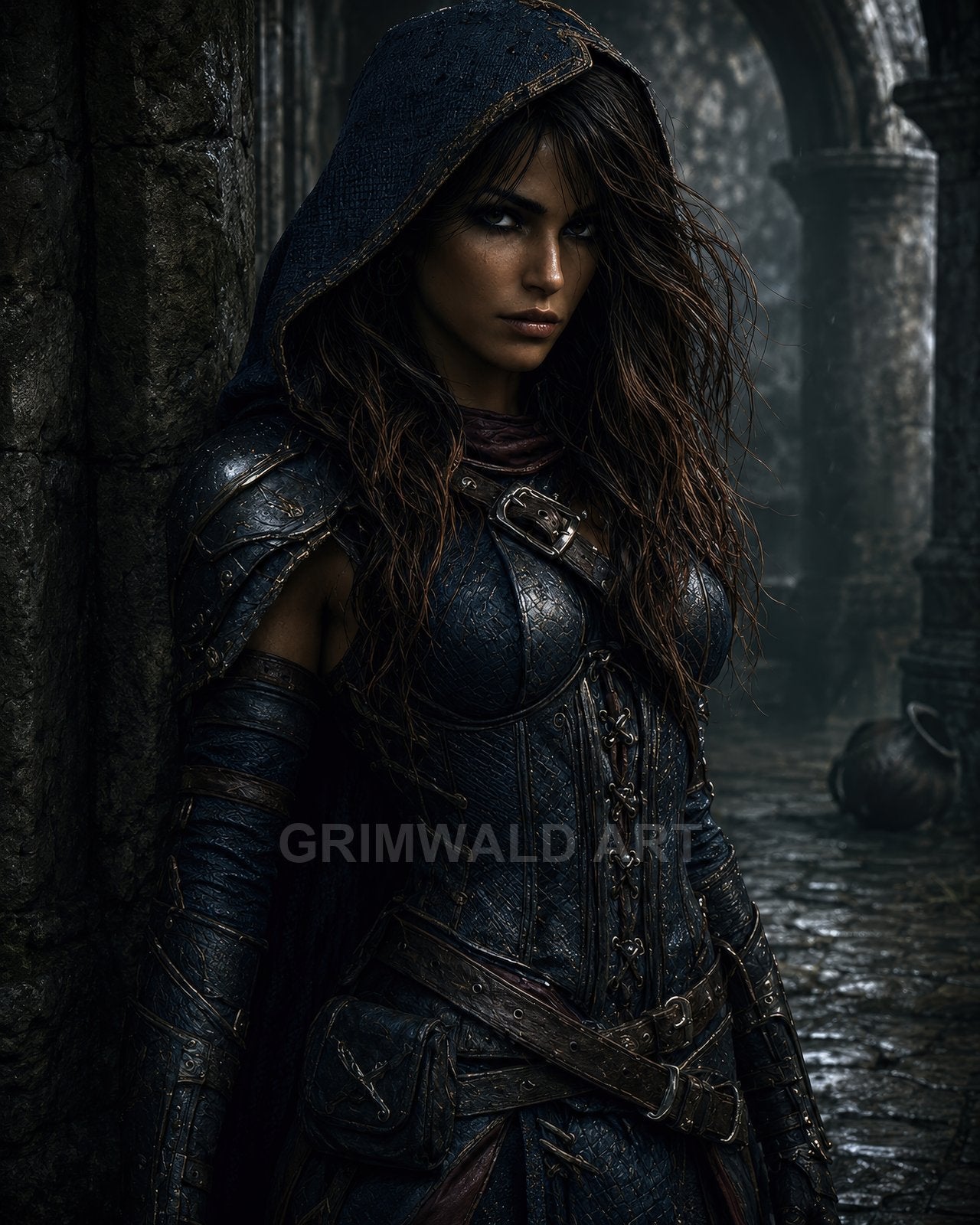 A hooded woman in dark blue leather armour stands by ancient stone columns in moonlit ruins, wet cobblestones glistening beneath her wary gaze.