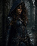 GRID THUMBNAIL — A hooded woman in dark blue leather armour stands by ancient stone columns in moonlit ruins, wet cobblestones glistening beneath her wary gaze.