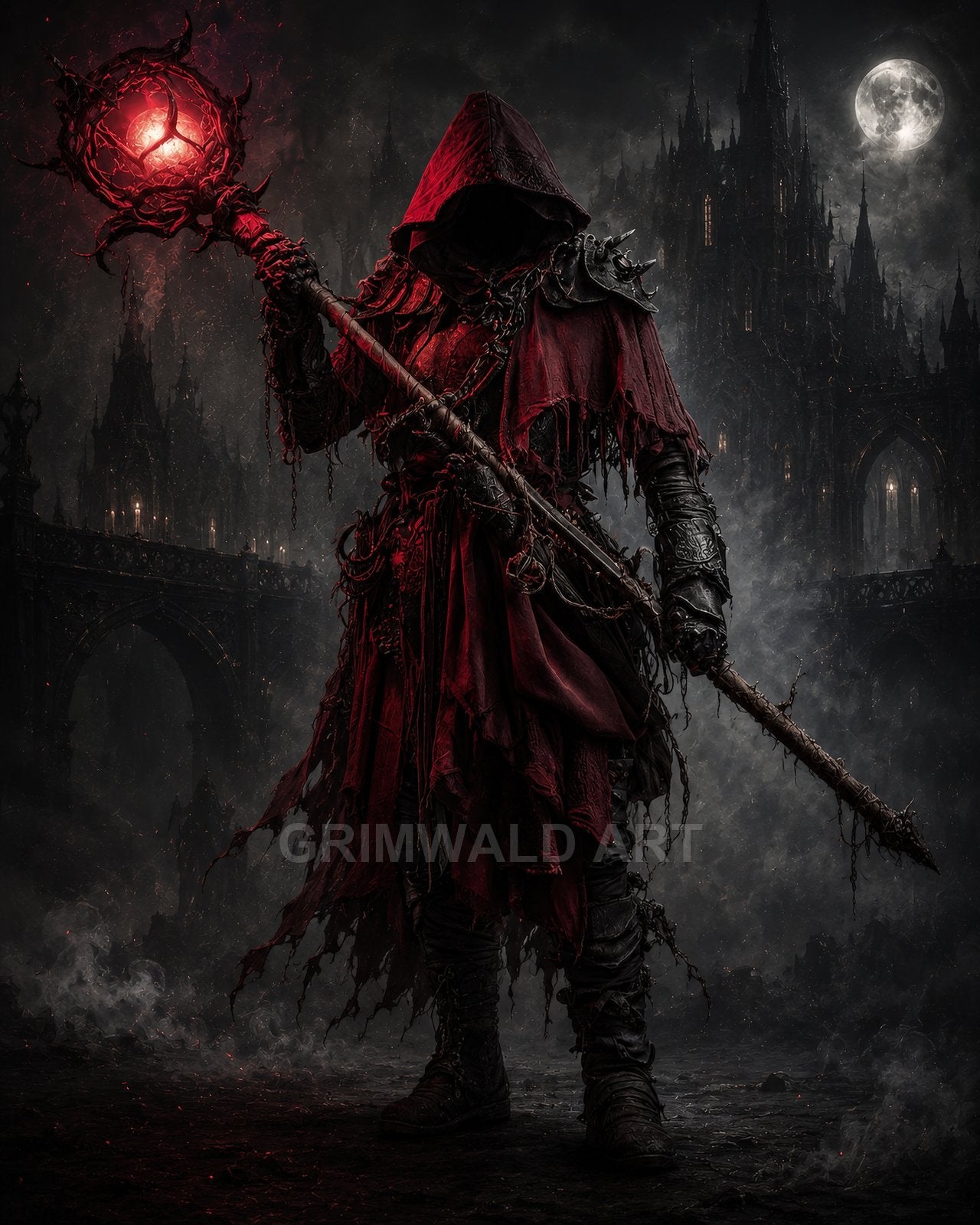 A hooded warlock in tattered red robes grips a spiked staff with a glowing crimson orb, standing before a moonlit gothic cathedral amid drifting fog.