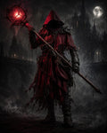 GRID THUMBNAIL — A hooded warlock in tattered red robes grips a spiked staff with a glowing crimson orb, standing before a moonlit gothic cathedral amid drifting fog.