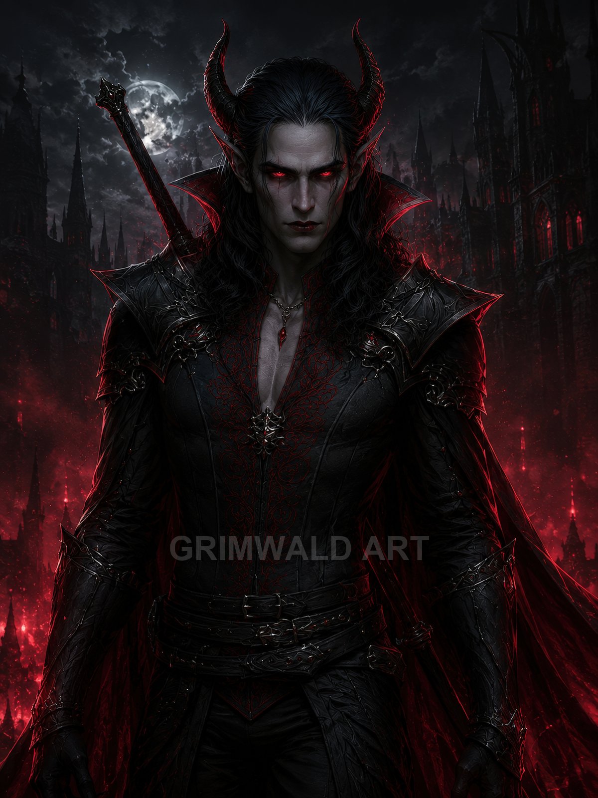 Horned, red-eyed demon warrior in black, baroque armour with a crimson cloak and sheathed sword, standing before a moonlit gothic castle.