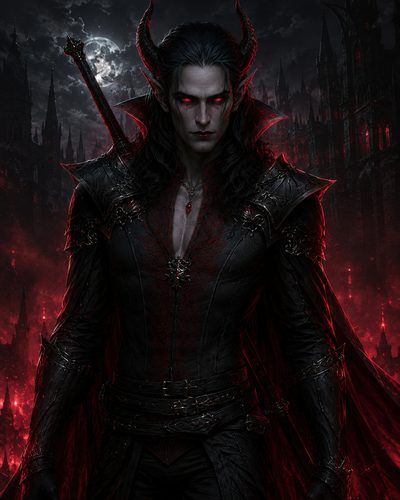 GRID THUMBNAIL — Horned, red-eyed demon warrior in black, baroque armour with a crimson cloak and sheathed sword, standing before a moonlit gothic castle.