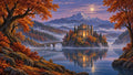 GRID THUMBNAIL — Autumn lake at twilight with glowing island temple, arched stone bridge, misty forests and snow-capped mountains beneath a full moon reflected in calm water.