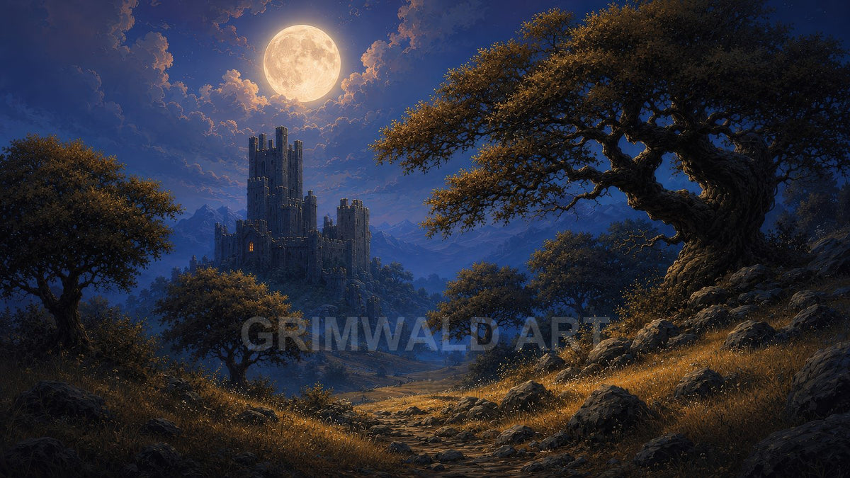 A full moon shines over a tall stone castle in a mountain valley, with gnarled oak trees and a rocky path in the foreground.