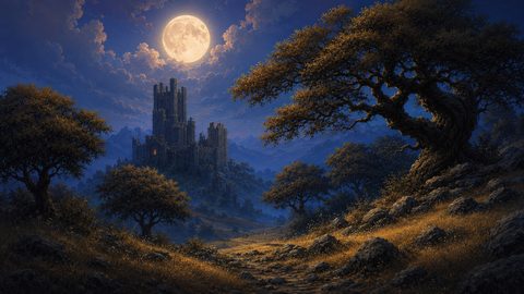 GRID THUMBNAIL — A full moon shines over a tall stone castle in a mountain valley, with gnarled oak trees and a rocky path in the foreground.