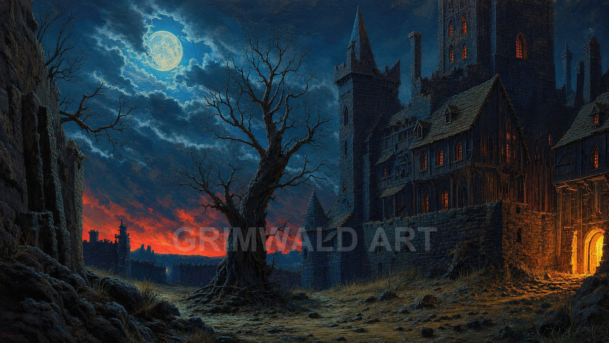 Moonlit Keep and Withered Tree – Retro Fantasy Landscape Art