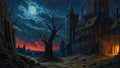 GRID THUMBNAIL — Moonlit medieval castle with glowing windows and arched gate, beside a gnarled dead tree, under swirling clouds above a fiery red horizon.