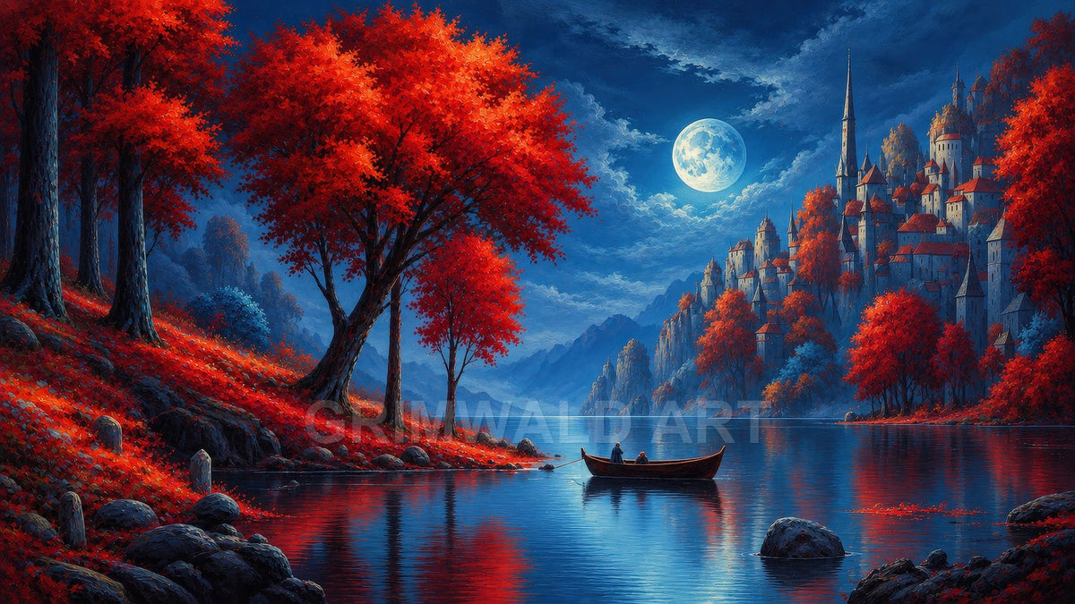Moonlit lake bordered by vivid red trees, distant cliffside city of spires, blue mountains and a small rowboat with two figures.